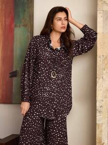 Hansera 女士冬季两件套：棕色梭织波点印花长袖开衫和阔腿裤，适合日常、优雅、复古、办公、休闲、秋冬穿搭 - 咖啡棕 - 查看 4