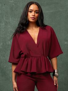 Vixey Burgundy Textured Deep V Neck Wide Wide Quarter Sleeve Peplum Office Top - Burgundy - View 5