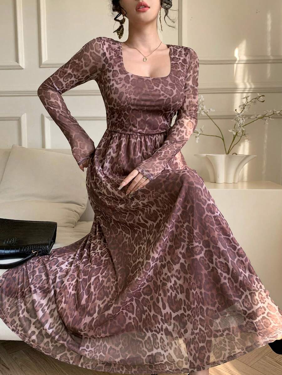 DAZY Rochie lungă pentru femei, la modă, cu imprimeu leopard, pentru navetiști