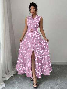 Elenzga New V-Neck Graphic Print Button Sleeveless Tie Waist Slim Fit Dress For Women - Baby Pink - View 3