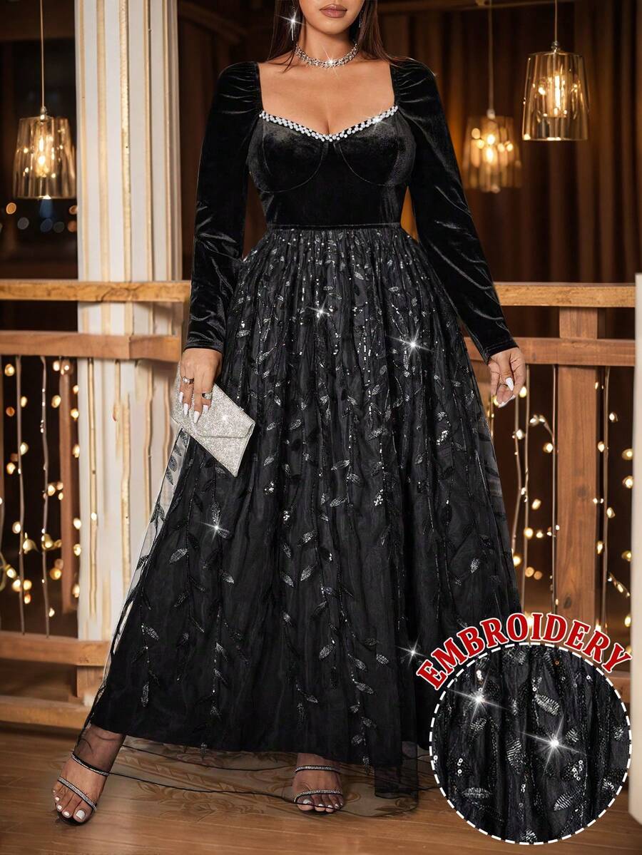Flirla 优雅性感公主风复古珍珠亮片网纱天鹅绒派对舞会长裙，修身A字廓形，大码女装，秋冬款 - 黑色 - 查看 1