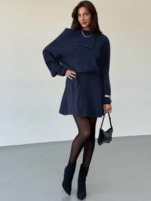 Aloruh Vestido de lana rojo vino de otoño para mujer con pliegues en la cintura, vestido de punto ajustado de línea A, vestido de suéter de manga larga con un hombro, vestido de hombro oblicuo para mujer en invierno - Azul Marino - Ver 4