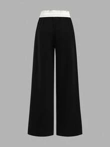 SHEIN Tween Girls Casual Loose Fit Low Waist Elastic Waistband Wide Leg Sweatpants, Color Block, Patchwork, Navy Blue, Back To School Season