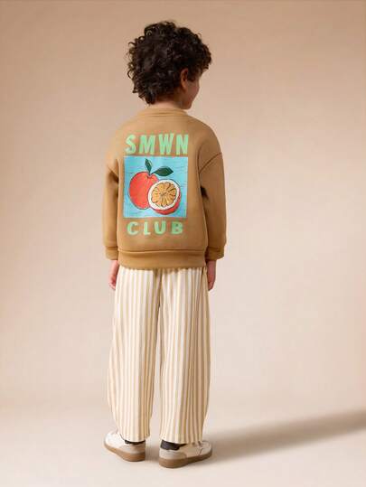  SUMWON Oversized Boys Orange Sweatshirt Set With Striped Pants Fruit Graphic Print Club Long Sleeve Pullover Two Piece Outfit Casual Wear Fall Winter Vacation