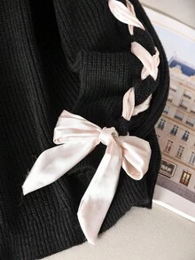 CosyJoli 大码女式休闲圆领抽绳袖丝带针织毛衣，秋季 - 黑色 - 查看 5