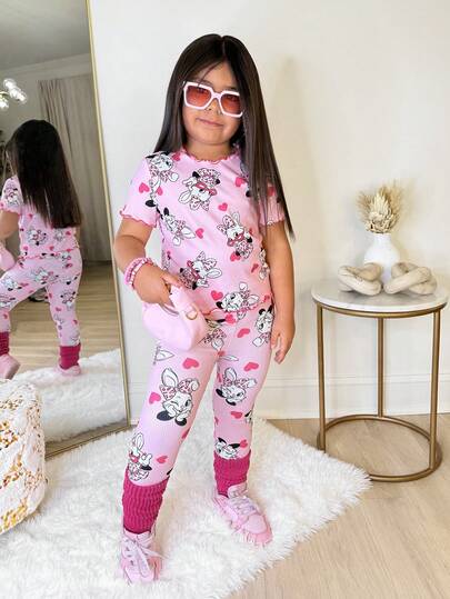 Set de 2 piezas de pijama de punto con estampado de dibujos animados lindo para niñas jóvenes, ropa de dormir cómoda y dulce