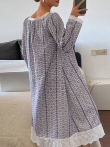 DAZY Sweet Contrast Color Ruffle Patchwork Loose Mid-Length Women Nightgown, Moo Moo Night Dress Pajamas - Multicolor - View 2