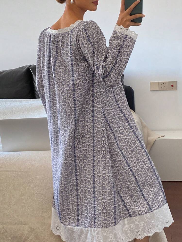 Sweet Contrast Color Ruffle Patchwork Loose Mid-Length Women Nightgown, Moo Moo Night Dress