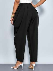 SOLERSUN 女士时尚休闲优雅宽松褶裥口袋纯色腰带细节西装裤通勤日常百搭四季 - 黑色 - 查看 2
