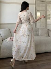 Feyla 优雅碎花V领收腰女士长连衣裙 - 彩色 - 查看 7