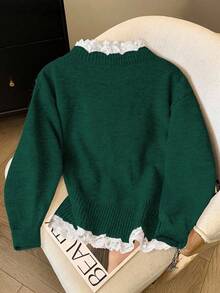 Franclia Women's Stylish Lace-Up Loose Knit Cardigan - Dark Green - View 2