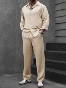 Manfinity CasualCool 男士休闲通勤纯色衬衫长裤套装 男士套装 米色男装 米色男装 男士服装 - 杏色 - 查看 1