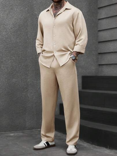 Manfinity CasualCool 男士休闲通勤纯色衬衫长裤套装 男士套装 米色男装 米色男装 男士服装