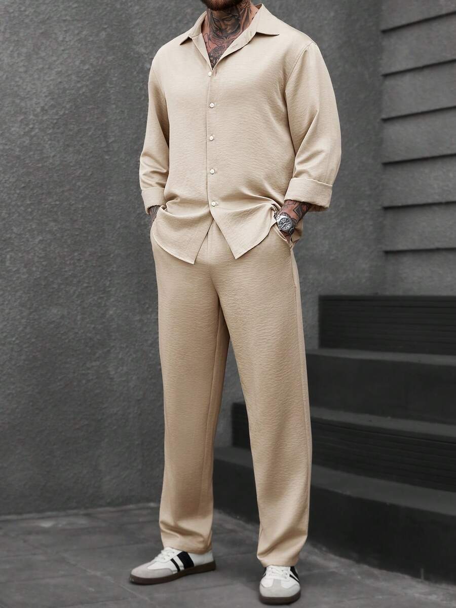 Manfinity CasualCool 男士休闲通勤纯色衬衫长裤套装 男士套装 米色男装 米色男装 男士服装 - 杏色 - 查看 1