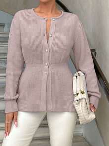 Knitwear Peplum Hem Cardigan With Fancy Buttons - Dusty Pink - View 2