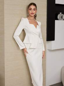 Modelyn 女士纯色双排扣长袖外套和中长裙优雅两件套 - 白色 - 查看 6