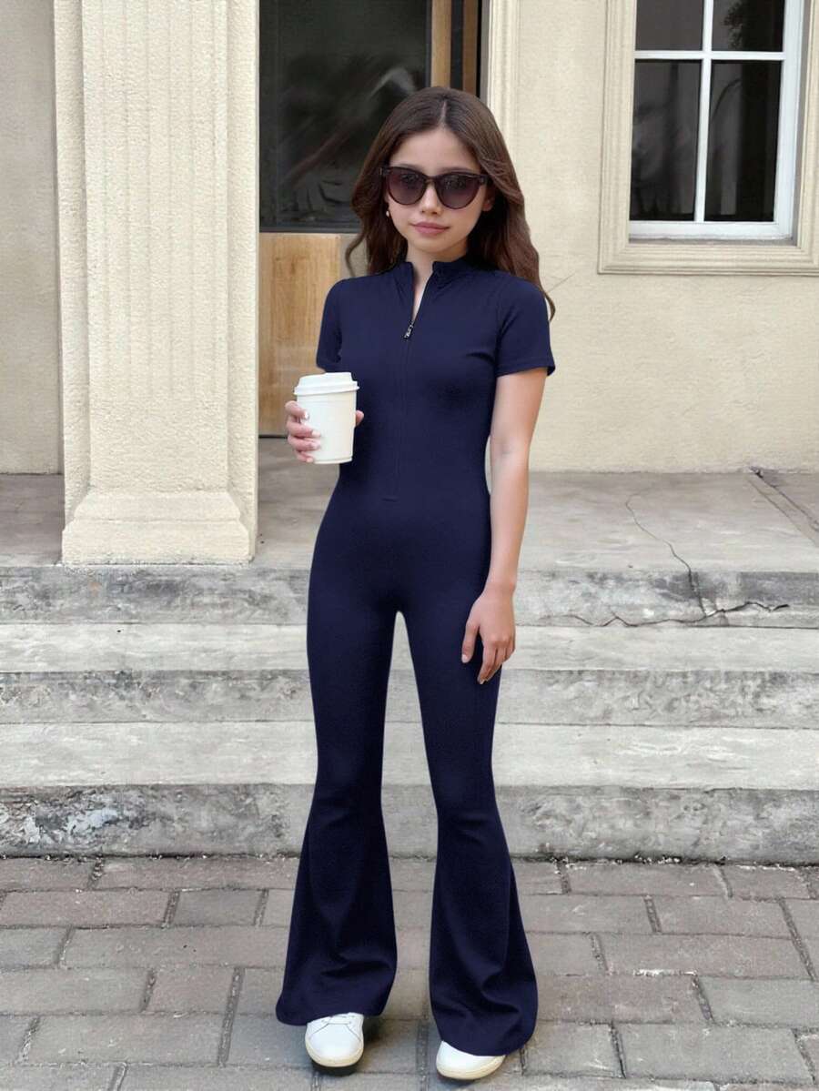 SHEIN Serisse Kids HEIN 女童半拉链连体衣黑色喇叭裤，返校季，休闲外出 - 寶藍色 - 查看 1