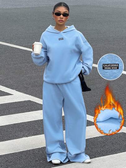 Muchica Dam Höst/Vinter Nytt Termofodrat Casual Lösställ med Huvtröja och Träningsbyxor, 2-delat Set, Blå