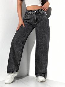 SHEIN PETITE Quần jeans ống đứng giặt thường ngày dành cho nữ - Màu xám đen - Xem 4