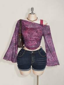 SHEIN ICON Plus Size Oblique Shoulder Mesh Sheer Netted Knit T-Shirt, Paisley Print See-Through Long Sleeve Top - Purple - View 1