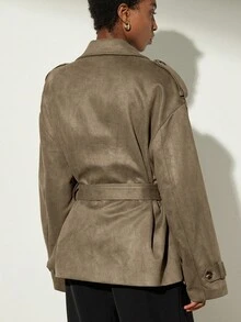 Aveloria Modichic 秋冬新款加厚仿麂皮翻领风衣，女士短款 - 軍綠色 - 查看 2