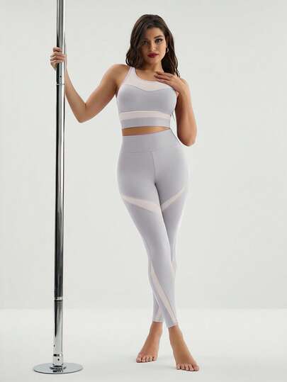 Menodora SHEIN Sport Contrast Color Patchwork Camisole And Leggings Sports Suit