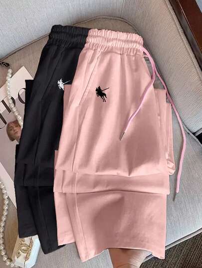 بنطلون نسائي جديد مريح وفضفاض بتصميم مستقيم الساق بطبعة تطريز خيول باللونين الأبيض والأسود