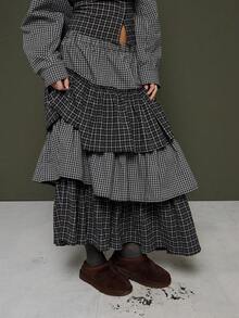 COUREZ Falda midi con volantes y capas a cuadros / Ropa de otoño e invierno Y2K para mujeres, falda negra para mujeres para salir, atuendos de fiesta, Año Nuevo - Gris - Ver 6