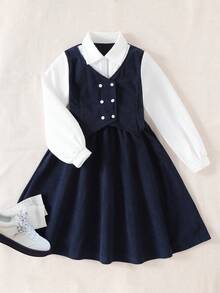 SHEIN Sparklyn 1pc Girls' Fashionable Long Sleeve Dress, Soft & Comfortable Fabric, White Shirt With Navy Blue Dress, Gentle And Stylish Design, Suitable For Spring/Autumn, Suitable For Outings, Photos, School, And Various Occasions, Must-Have Popular Girls' Dress - Black - View 7