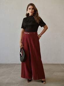 MOTF PREMIUM 金属装饰斜插口袋西装裤 - 酒紅色 - 查看 1