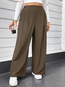 Auralis 大码女装秋冬休闲舒适宽松弹力腰灰色基础款阔腿裤，秋季女装，返校季，复古风，外出下装，曲线裤，女装搭配，秋季裤装 - 咖啡棕 - 查看 5