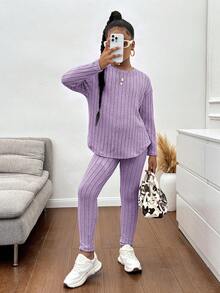 SHEIN Tween Girl Drop Shoulder Ribbed Knit Tee & Leggings Textured Fabric Two Pieces - Purple - View 3