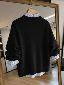 Franclia 优雅时尚年轻简约百搭通勤修身荷叶边领针织开衫毛衣，女士秋冬款 - 黑色 - 查看 2