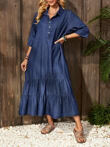 EMERY ROSE Vestido jeans feminino casual de manga 3/4 com babados na barra e fechamento frontal com botões. - Lavagem escura - Ver 3