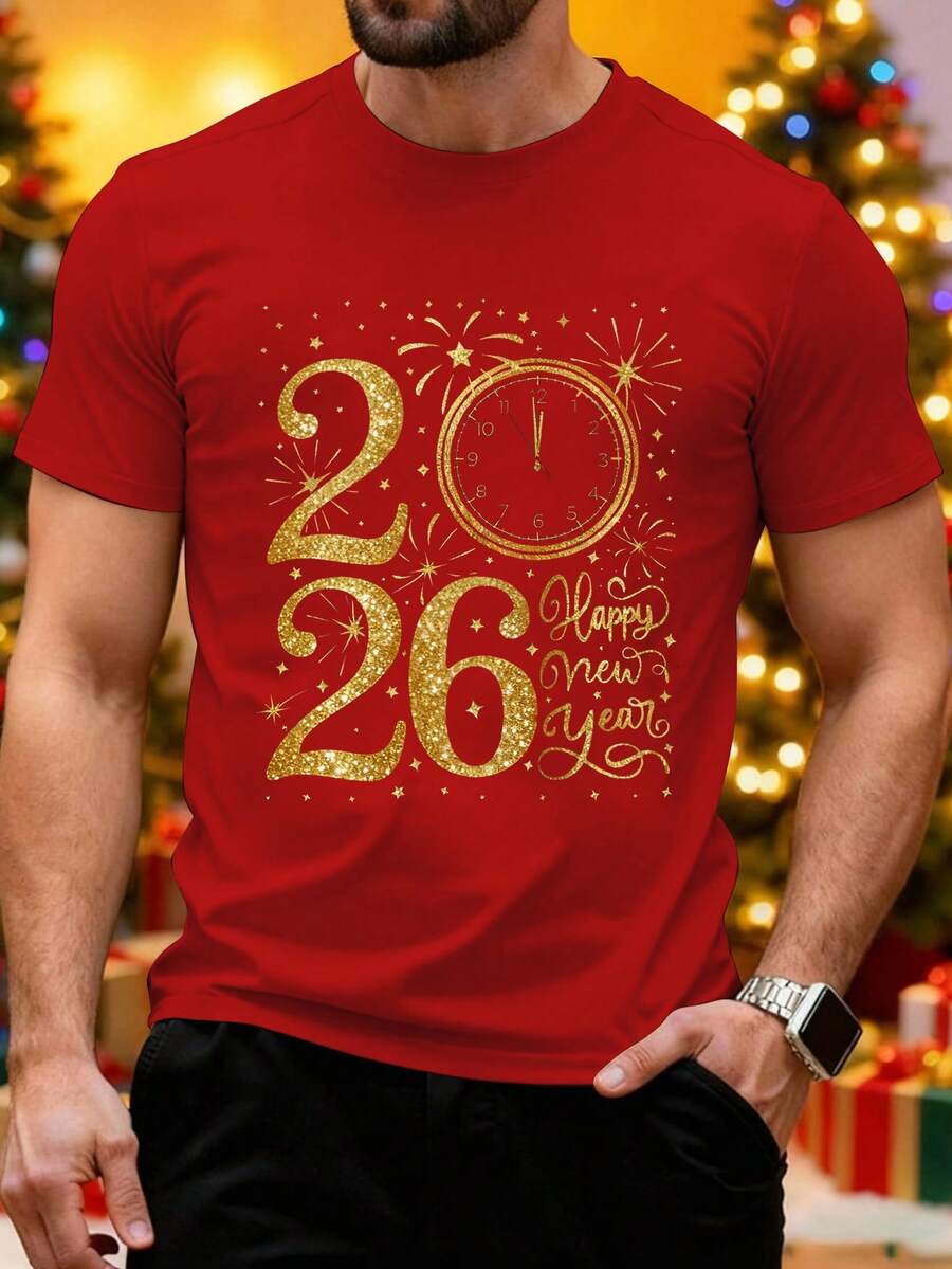 Manfinity Homme Áo thun cổ tròn in họa tiết năm mới 2026 dành cho nam - Đỏ - Xem 1