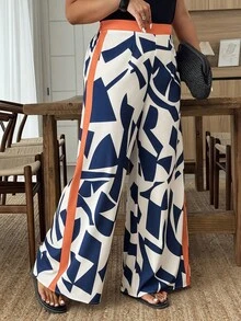 Weeklong Pantalones holgados casuales de talla grande para mujer con estampado geométrico y bloques de color, estampado aleatorio, para primavera/verano - Multicolor - Ver 6