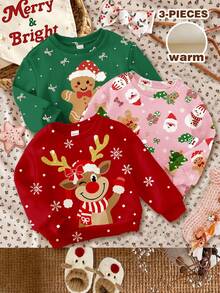 3 Stücke Baby Mädchen Weihnachts-Rentier, Schleife Lebkuchen, Weihnachtsmann, Weihnachtsbaum Grafik lässige weite dicke weiche bequeme Rundhals Langarm Sweatshirts, geeignet für Herbst/Winter Alltag, Weihnachten, Straßenmode, Zuhause - Verschiedenfarbig - Übersicht 3