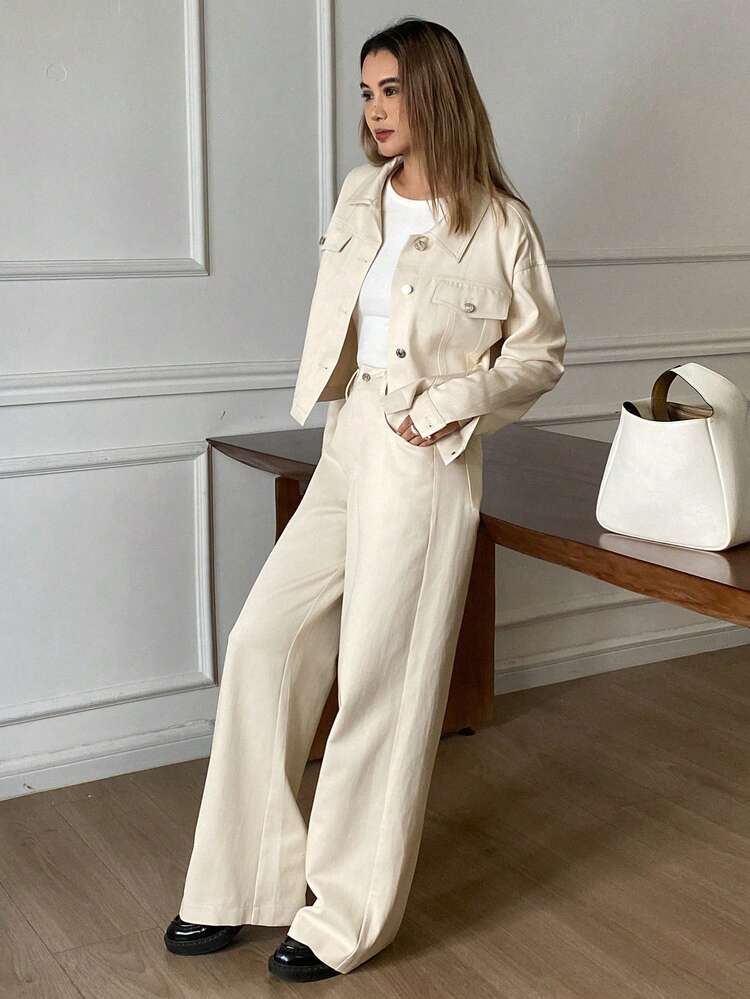 Women's Solid Color Cropped Jacket And Pants 2 Pieces Set