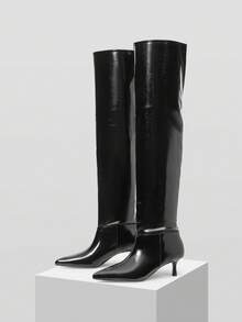 Mnmlis 女士尖头时尚黑色日常百搭过膝高跟靴 - 黑色 - 查看 3