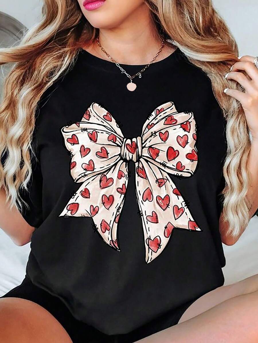 EMERY ROSE New Fashion Women Heart & Bow Print Round Neck T-Shirt - Black - View 1