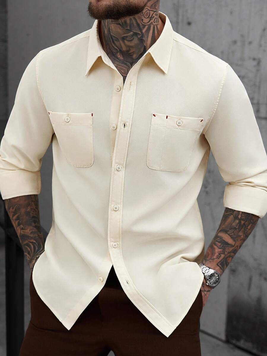 Manfinity CasualCool Men's Casual Solid Color Long Sleeve Shirt, Versatile For Autumn Cream Button Up Men Mens Shirts With Pockets - Apricot - View 1