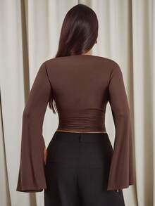 Aloruh Women's Elegant Commuter Solid Color Bell Sleeve Cropped Top,Casual Blouse For Women,Elegant Blouses For Women,Blown Tops Women - Coffee Brown - View 5