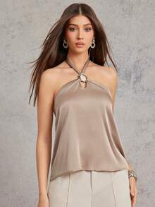 L'Amorae 大型树脂金边装饰缎面基本款上衣 - 駝色 - 查看 4