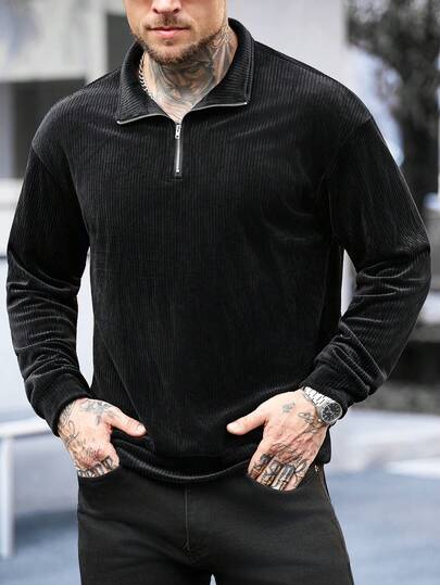 Manfinity CasualCool Herr Casual Vardag Pendling Enkel Enfärgad Ribbad Halv Dragkedja Standkrage Pullover Sweatshirt Svart Semester