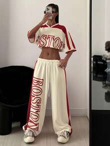 StreetHx 两件套女士印花撞色露脐上衣+运动裤套装 - 彩色 - 查看 5