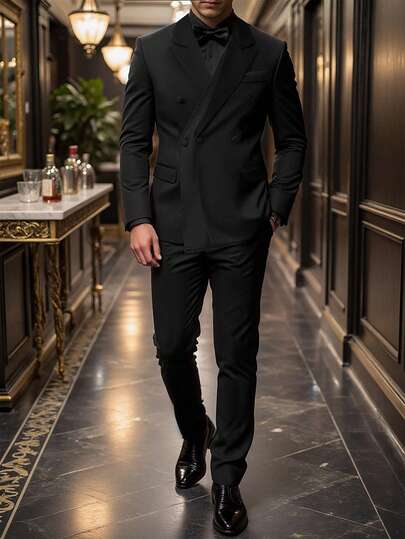 Manfinity Bizformal Svart herrkostymset med 2-i-1-mönster, mandarinkrage och knappstängning, i kontrastfärg, för män