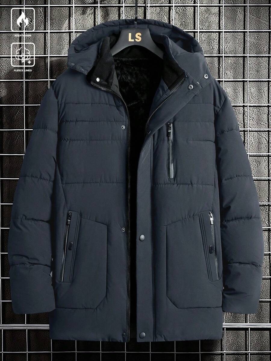 Manfinity Homme Veste d'hiver à capuche zippée décontractée à manches longues et couleur unie pour hommes grande taille. Veste d'hiver pour hommes, manteau d'hiver bleu marine - Gris foncé - Voir 1