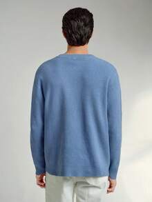 RONVEXI 男士休闲纯色圆领罗纹针织衫，秋冬季 - 淺藍色 - 查看 3