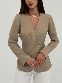 Aloruh 卡其色极简主义办公室通勤深V腰褶裥长袖女式西装外套 - 卡其色 - 查看 8