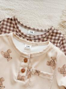 Vintaside Kids 2pcs Newborn Casual Cute Bear & Plaid Print Long Sleeve Romper, Suitable For Spring, Summer, Autumn, Winter, Home, Outdoor, Daily Wear